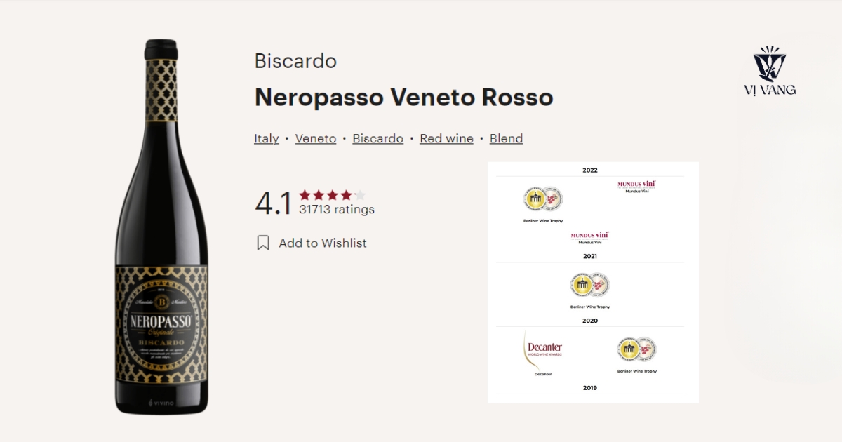 Rượu vang Neropasso biscardo luôn được đánh giá cao